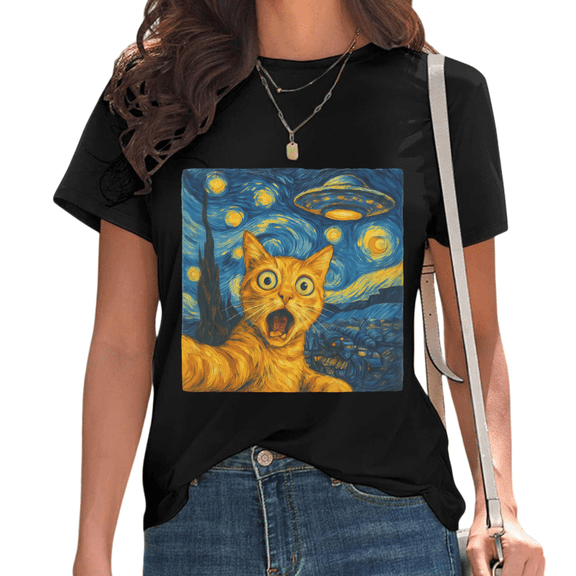 Black Van Gogh Starry Night Cat UFO Art Print Tshirt Graphic Tees Shirts Funny Alien Cat Lover Casual Tops S-5XL
