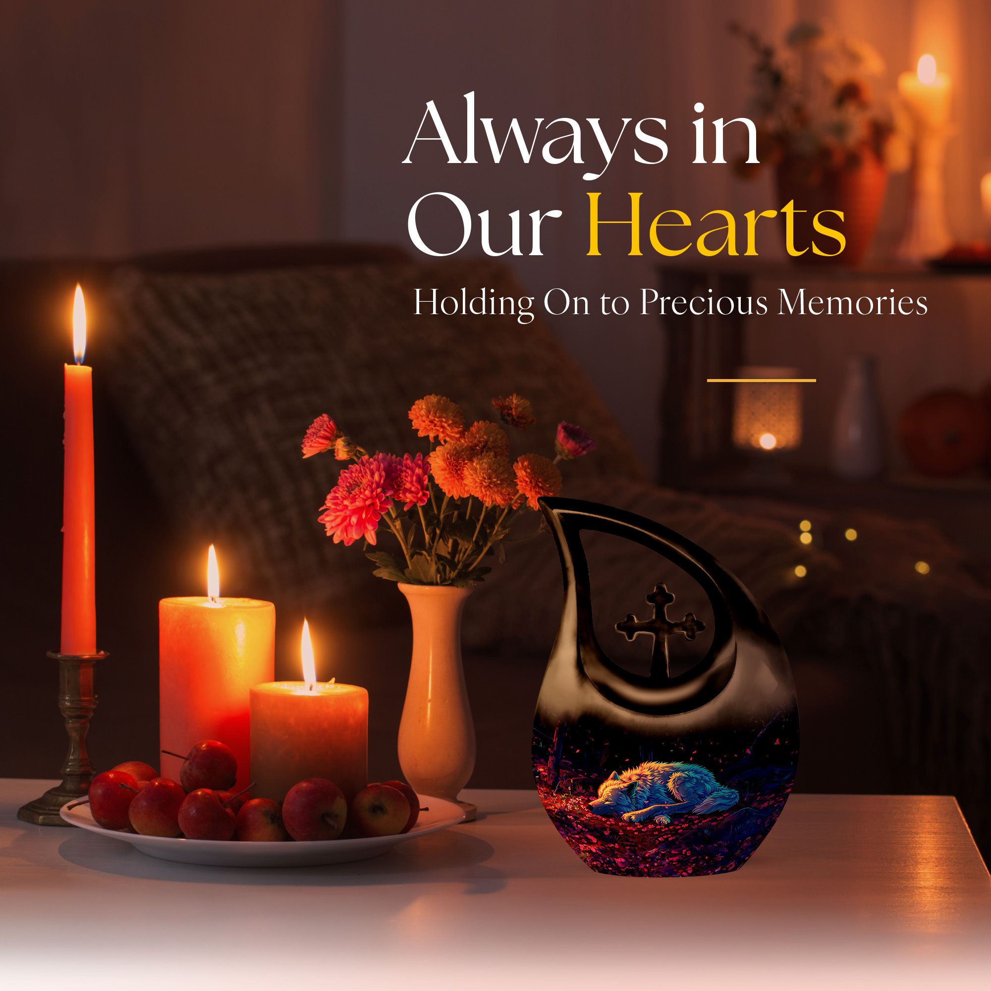 MUKTIVE Resting Wolf Large Urn for Funeral Ashes for Men & Women - Cross Drop Black Burial & Cremation Urns for Human Ashes - Remembrance Gift for Loss for Dad - Cremains Holder, 10 Inches