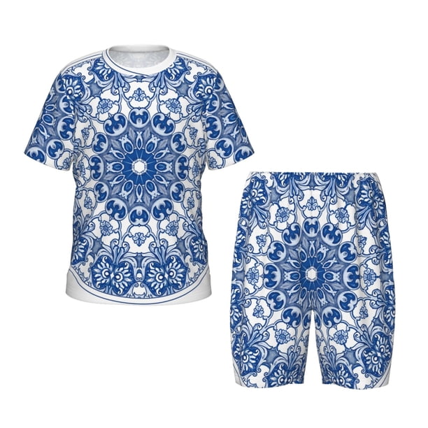 Balery Blue Watercolor Conjunto de Pijama Infantil de Manga Corta con Estampado – Ropa de Dormir de Algodón Suave-Large