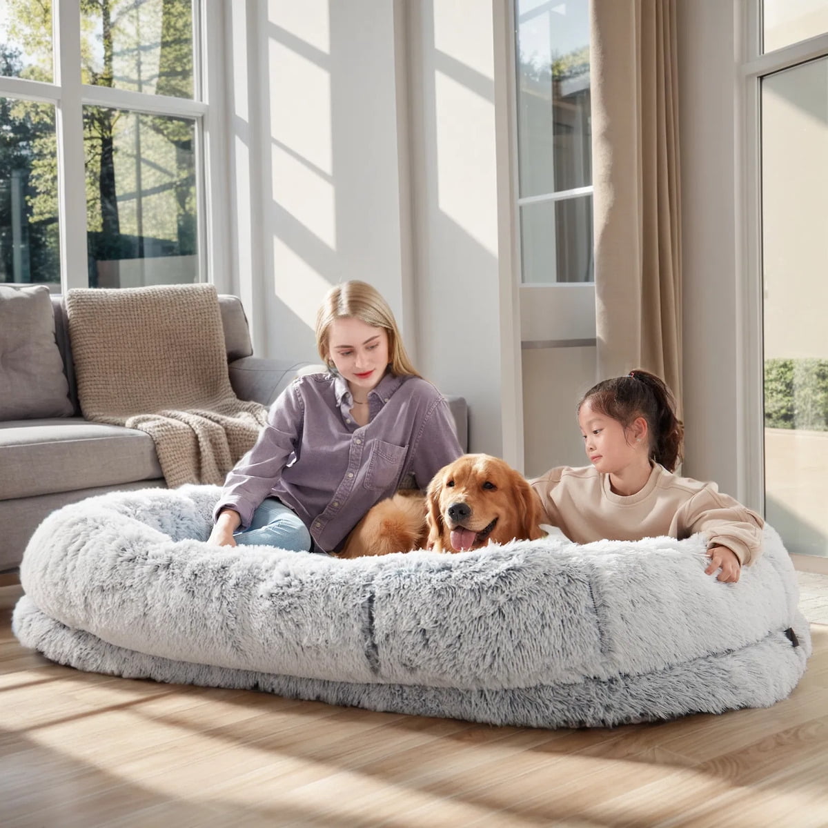 Human Size Dog Bed for Adults & Pets, Washable Faux Fur Orthopedic Napping Bed with Pillow Blanket Strap for Cozy Relaxation