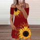thumbnail image 1 of Mujer Hombro Fuera De Manga Corta Encaje V-Cuello Girasol Impreso C Más El Tamaño Vestido S-5XLpangjing, 1 of 4