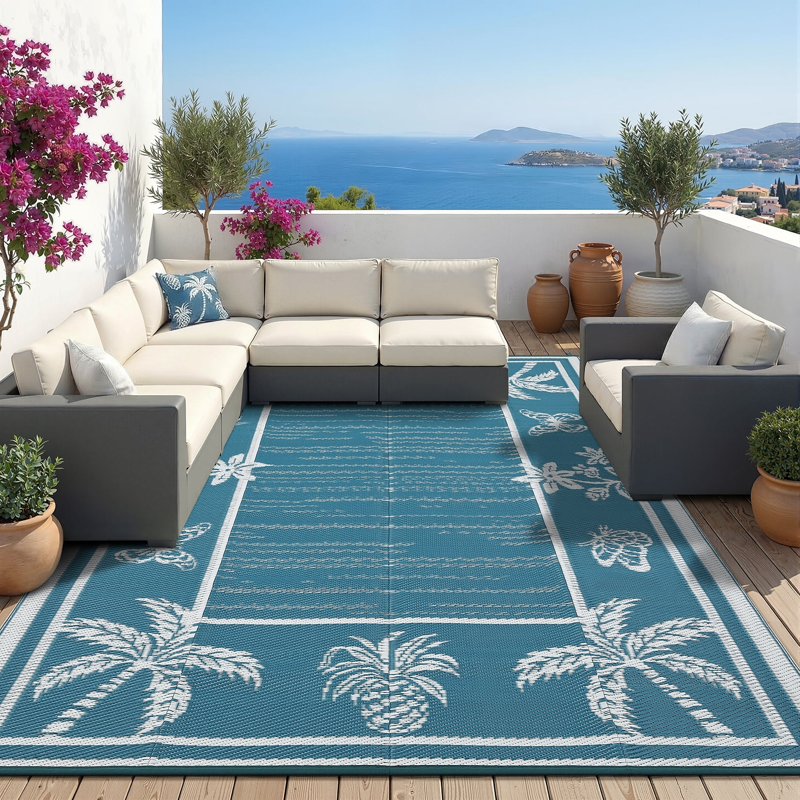 FairOnly 8'x10'Modern Tropical Floral Outdoor Rug Waterproof Reversible & Portable for Patio Poolside & Beach RV,Grey Blue