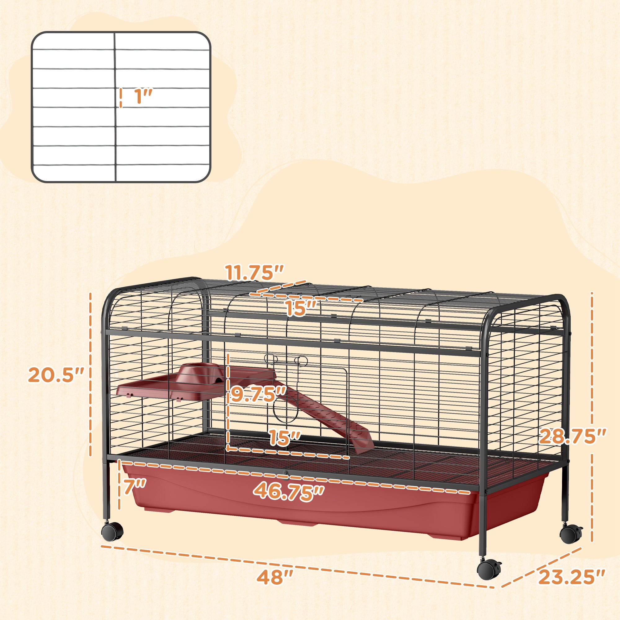 48" L Small Animal Cage, Rabbit Hutch, or Ferret Pet Play House with Feeder, Rolling Wheels, Platform, Ramp