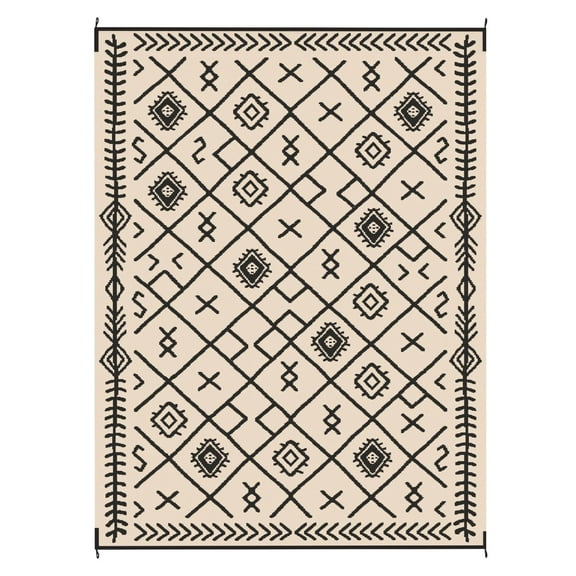 Outdoor Rug 9x12 Reversible Waterproof Plastic Straw Rug with Carry Bag - Black & Beige Rhombus Patio Rug for Camping, Beach, Picnic