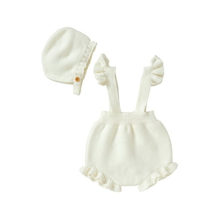 

Frobukio Infant Baby Girls Suspender Shorts with Hat Adjustable Straps Knitted Ruffle Overalls One Piece Jumpsuit Shorts Beige 3-6 Months