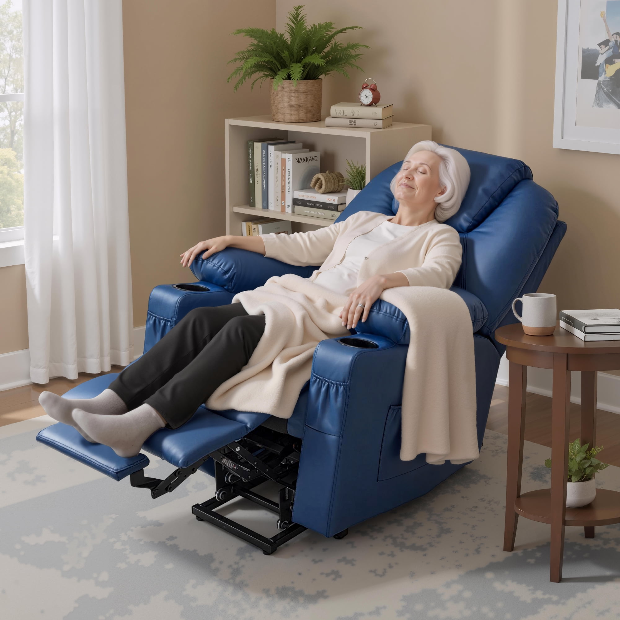 MCombo Electric Power Lift Recliner Chair Sofa with Massage and Heat for Elderly, 3 Positions, 2 Side Pockets, and Cup Holders, USB Ports, Faux Leather 7141 Blue, Small