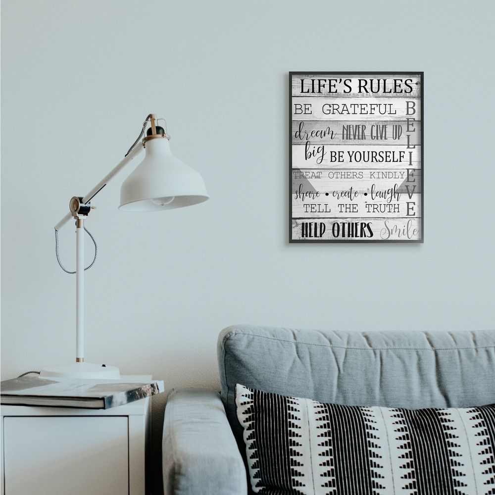 Stupell Industries Life's Rules Phrases on Wood Grain Black White Word Design Framed Wall Art Design by Kim Allen, 16" x 20", Black Framed