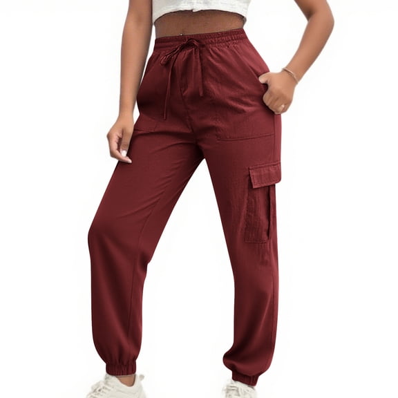 Maplenight Women's Cargo Pants Elastic Waist Joggers with Drawstring Solid Loose Casual Lounge Pants with Pockets