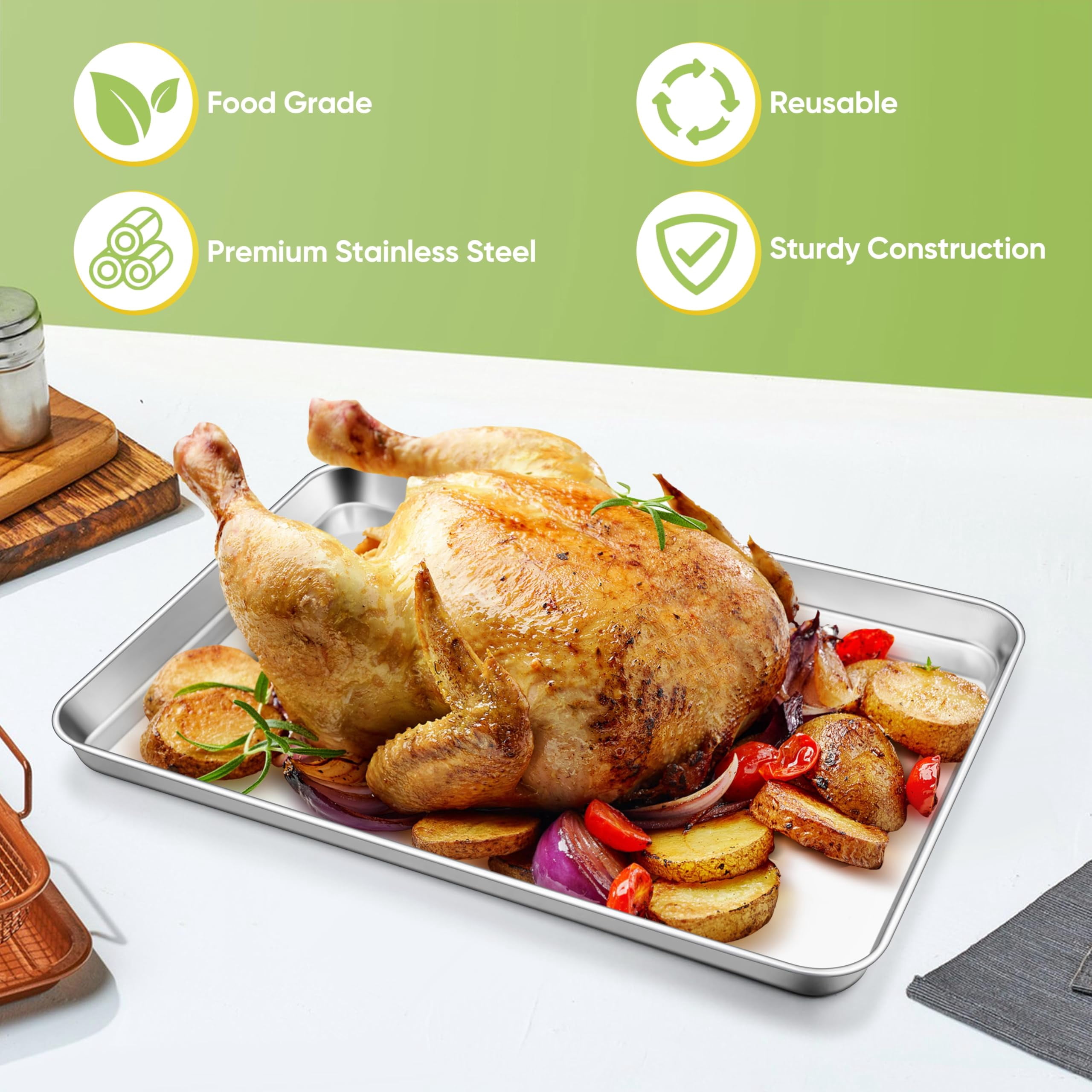 Stainless Steel Baking Sheet  20'' X 14'' Large Pan Bakeware Set Cookie Sheets For Roasting Cooking Non Mirror Finish & Dishwasher Safe