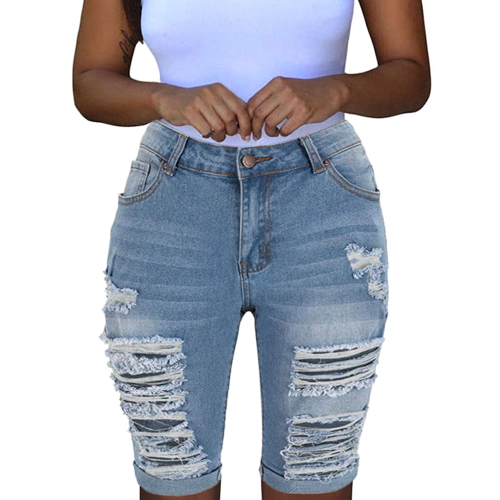elastic waist pocket light blue shredded jeans