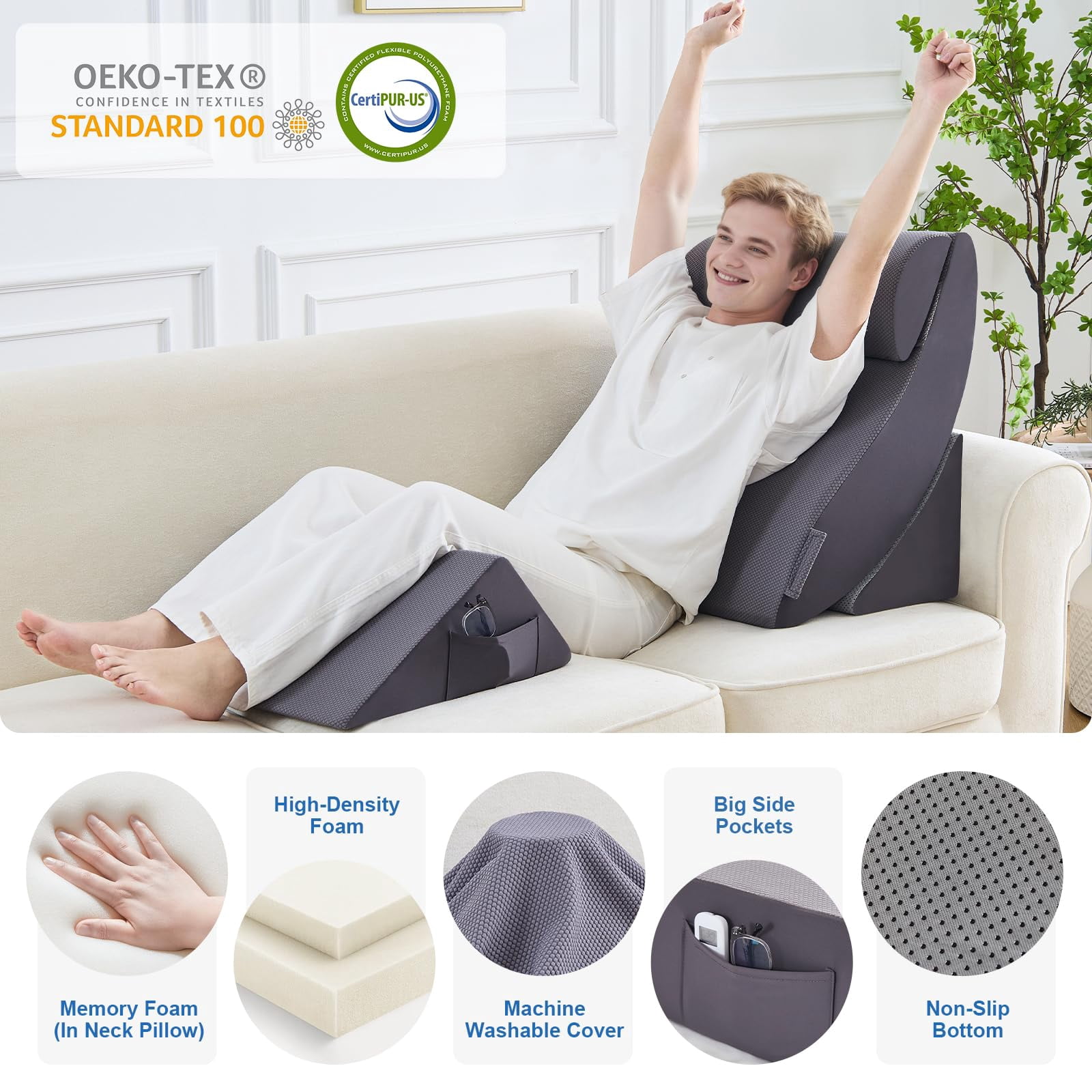 4pcs Bed Wedge Pillow Set For After  Pillows Sleeping Neck And Leg Adjustable Memory Foam Support Acid Reflux & Grey
