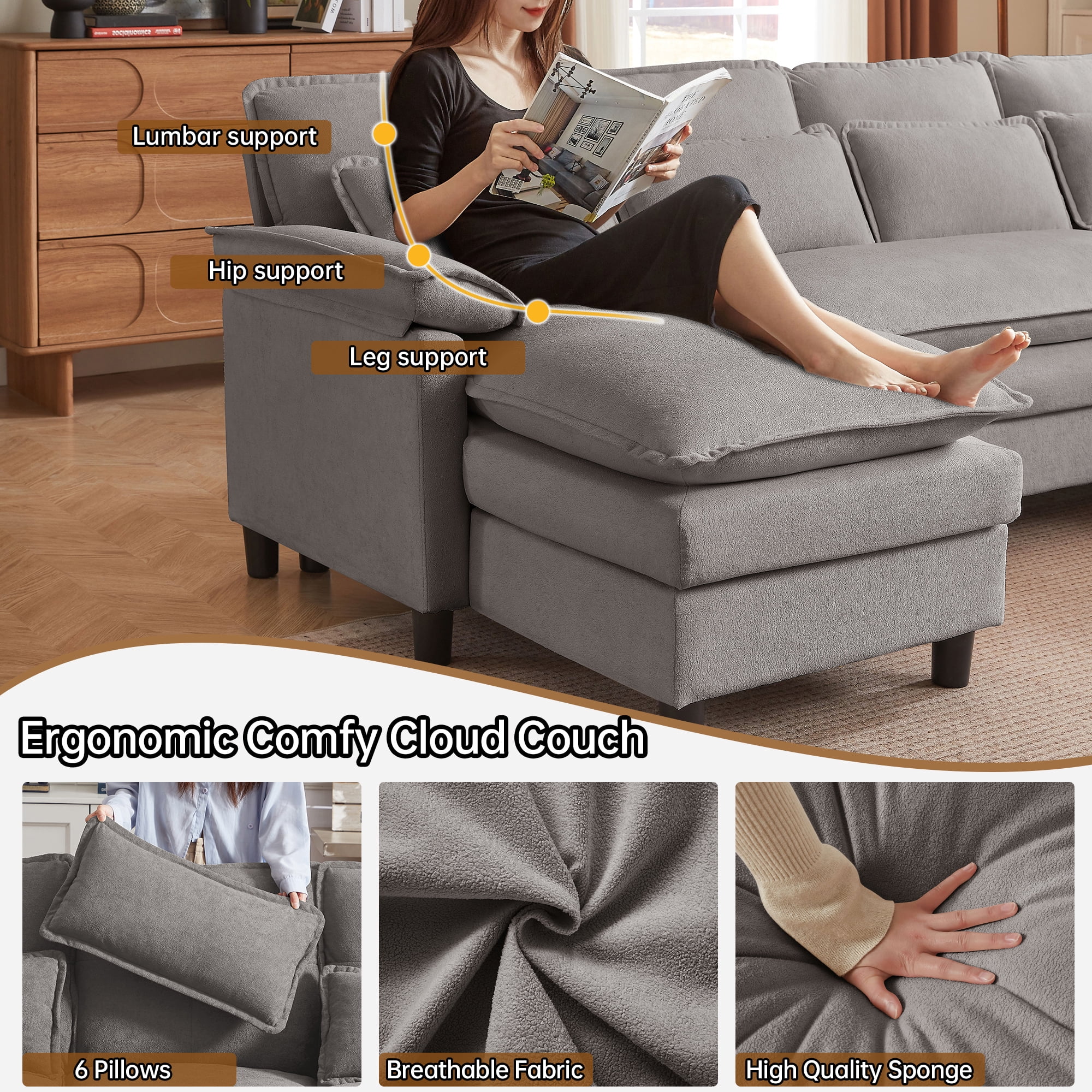 Pingliang Home Oversized U Shaped Couch,4 Seat Sectional Sofa with 4 Pillows,Upholstered Symmetrical Cloud Couch with Double Chaise,Wrap Around Sofa Modular sofa for Living Room Apartment Office