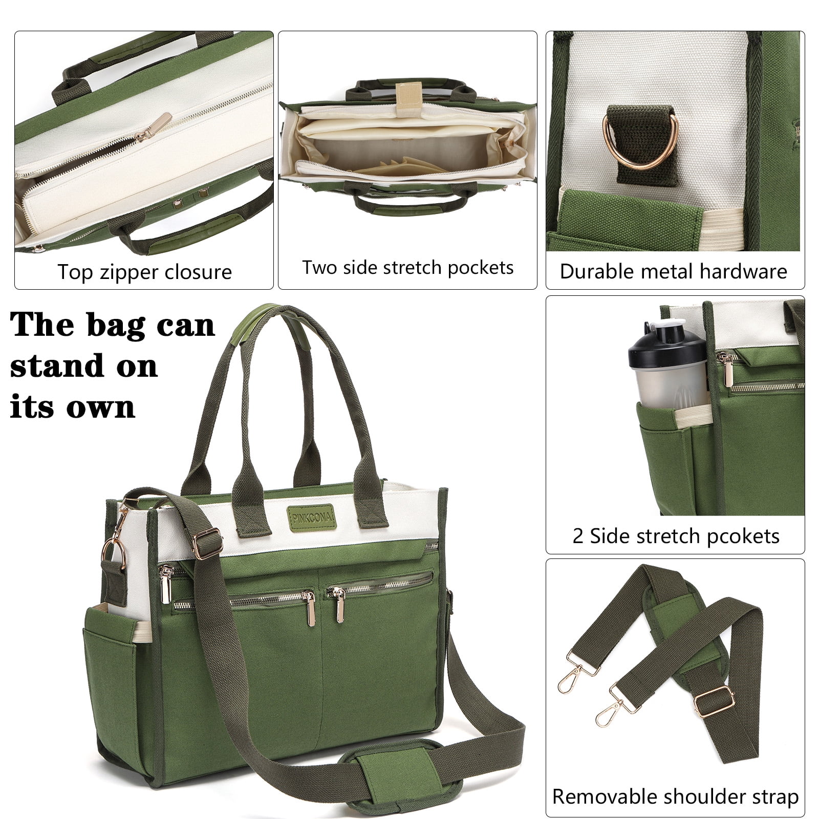2PCS Women's Large Canvas Tote Bag Set, Multi-Pocket Laptop Shoulder & Crossbody Bag with Zipper and Pouch for Work, Teacher, College, Travel