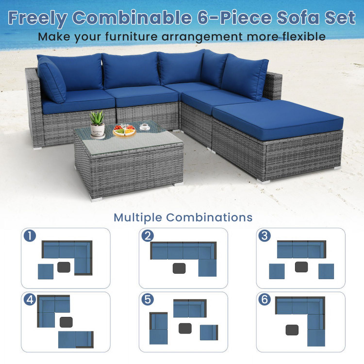Aimee Lii 6 Pieces Outdoor Rattan Sofa Set with Seat and Back Cushions, Outdoor Patio Set, Navy