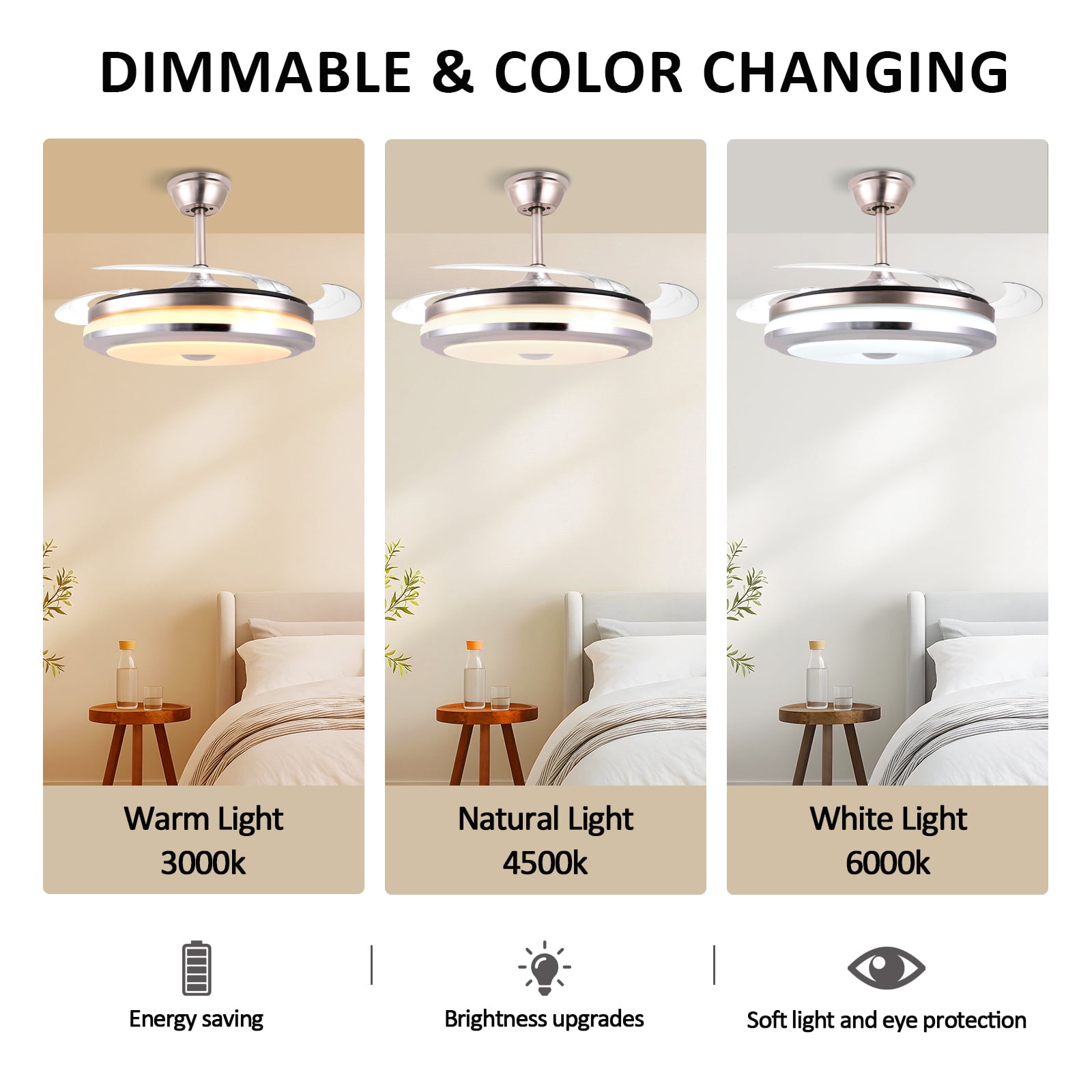 Jacgood 42-Inch Smart Retractable Ceiling Fan with Light, Remote Control, 3-Color Dimmable LED, 6-Speed Quiet Reversible DC Motor for Bedroom, Living Room, Kitchen,silver