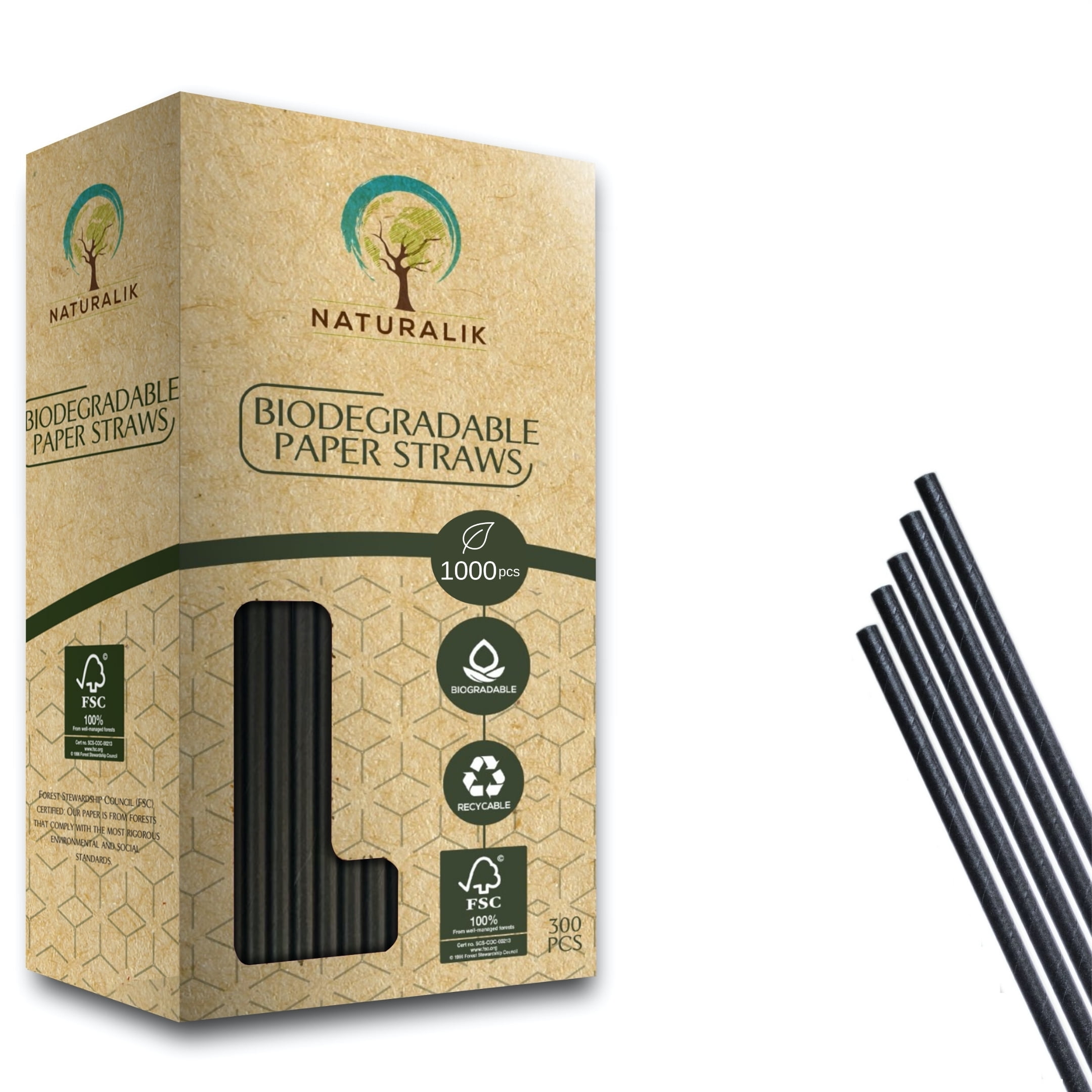 Naturalik 1000Pack Biodegradable Paper Straws Black Premium Eco