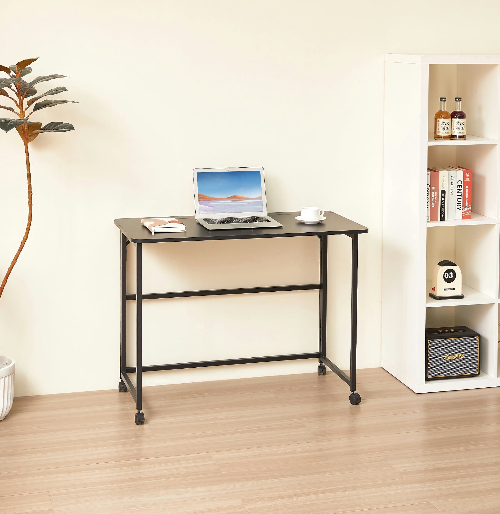Funnil 39.37'' Folding Standing Desk with Rolling Wheels for Small Space, Compact Portable Table Writing Computer Desk in Study, Home Office Foldable Office Desk for Bedroom and Living Room