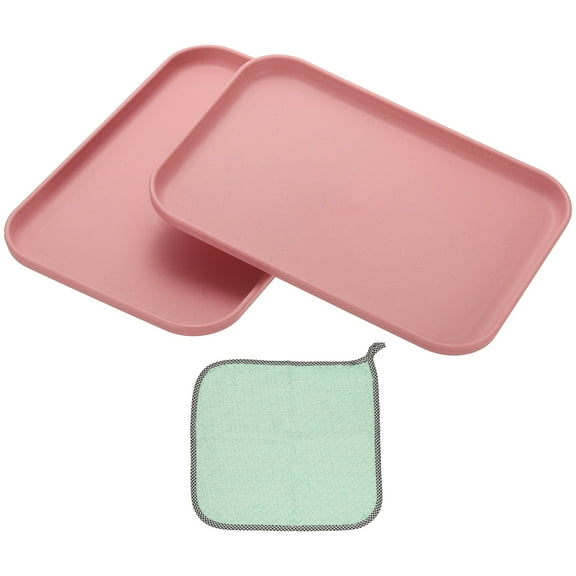 9.5x6.9" Rectangular Plates, 2 Pack Wheat Plastic Dinner Plates Dishes Reusable Unbreakable Dessert Plate Trays with Cloth for Cake Fruits Salad Cupcake Steak Serving Pink