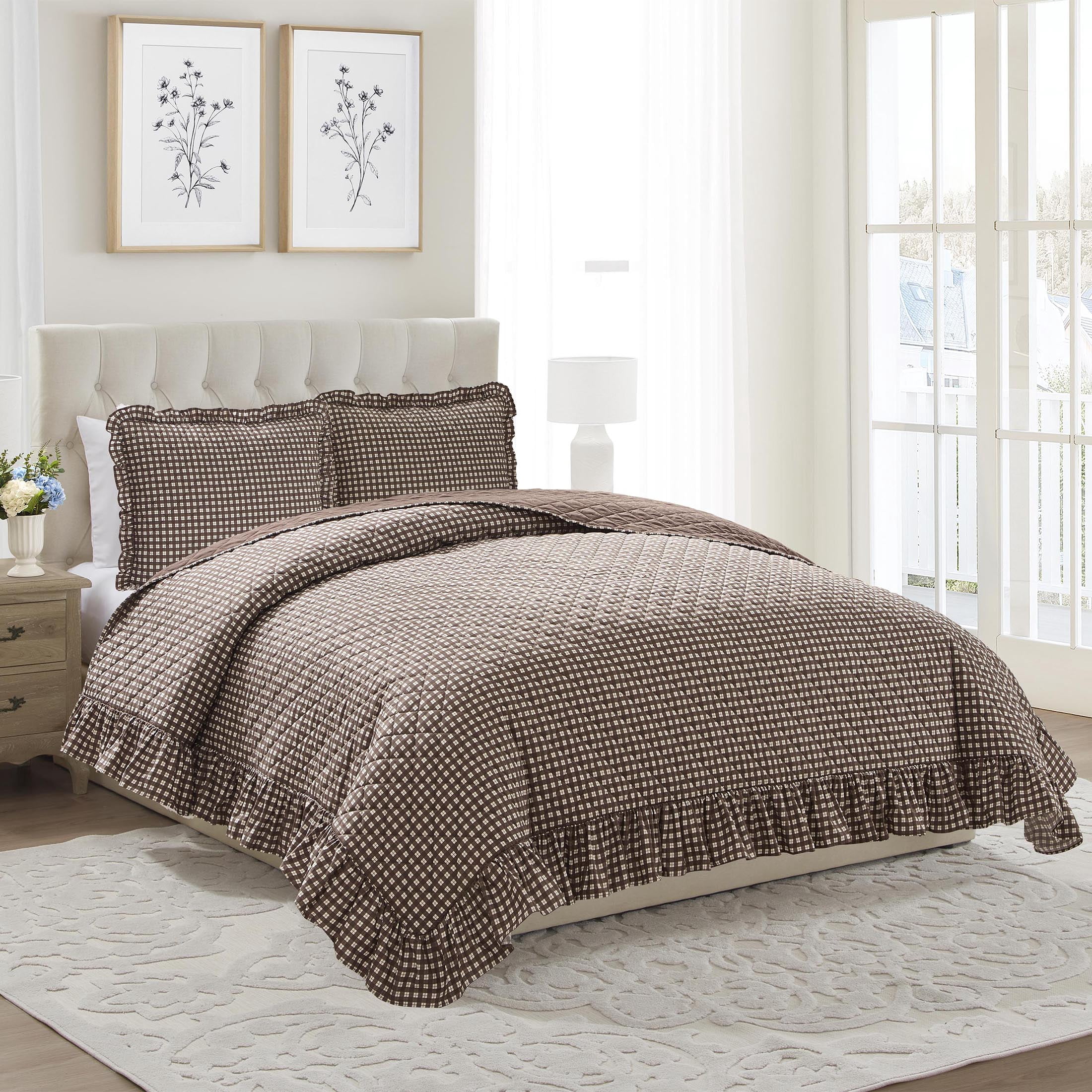 My Texas House Gingham Ruffle 3-Piece Brown Adult Quilt Set, Full/Queen
