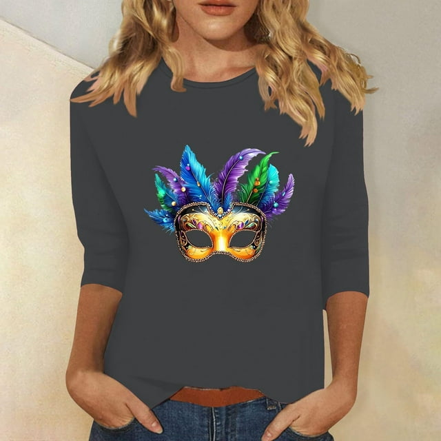 Hauts pour Femmes Manches 3/4 Imprimé Carnaval Décontracté Col Rond Manches Trois-Quarts T-shirt Ample Gris G