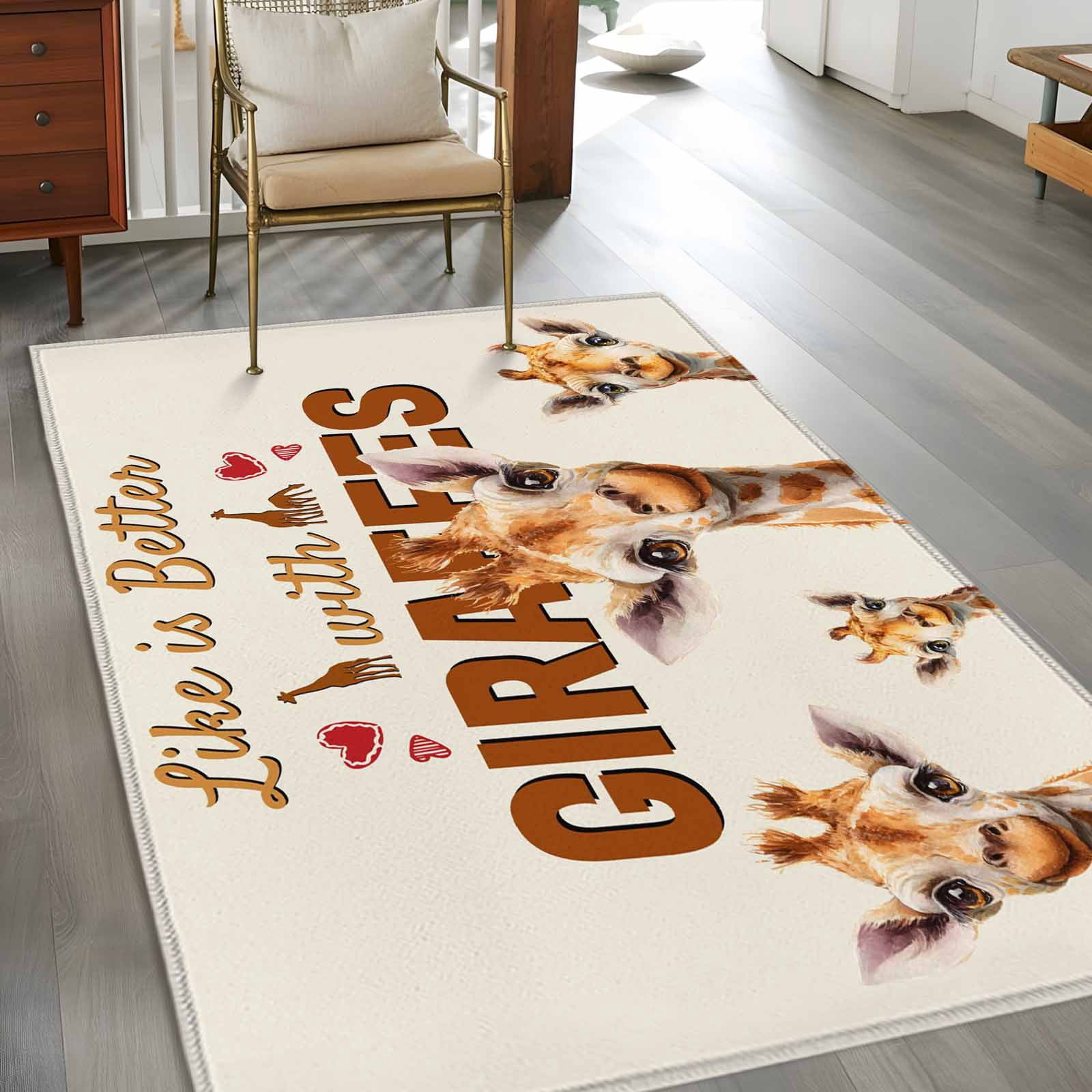 Giraffe Area Rugs 3'x5', Washable Small Throw Rugs for Living Room Bedroom, Red Love Heart Rustic Animals Indoor Outdoor Rug Non-Slip Low Pile Carpet Runner Reversible Floor Mats