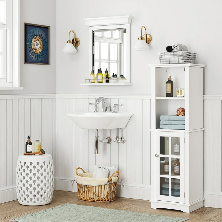 Spirich Home Bathroom Tall Corner Storage Cabinet, Floor Slim Display with Glass Doors and Adjustable Shelves White - Painted