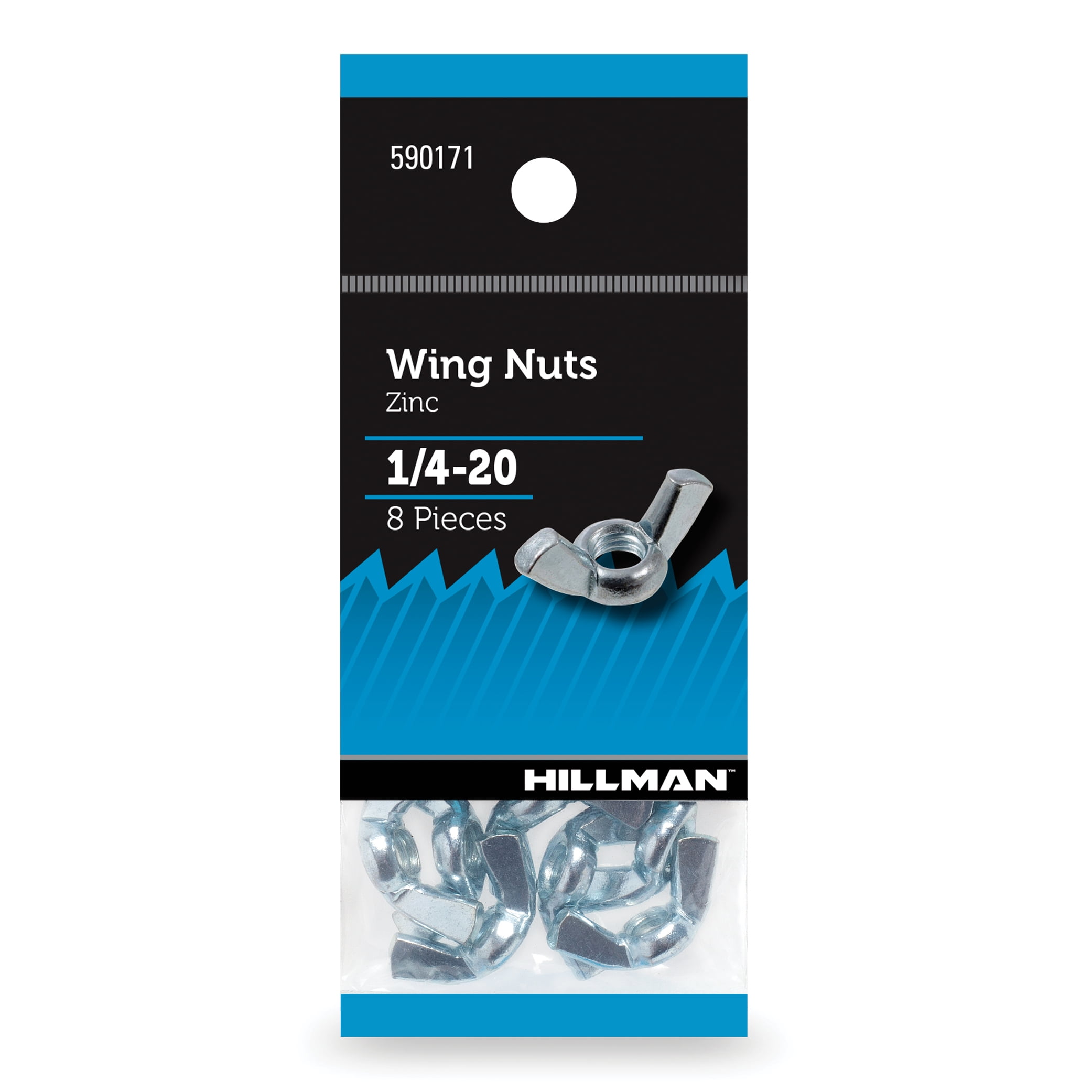 Hillman Wing Nuts, 1/4-20, Tool Free, Zinc Plated, Steel, Pack of 8