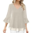 thumbnail image 2 of UTSJKR Sparkly Peplum Tops for Women V Neck 3/4 Ruffle Bell Sleeve Tiered Hem Tunic Tops Wedding Guest Outfits for Party Beige S, 2 of 4