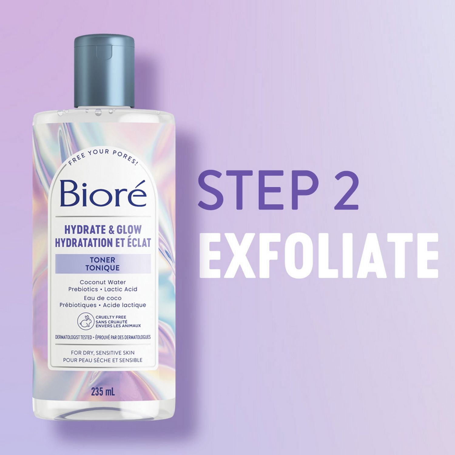 Bioré Hydrate & Glow Toner, with Coconut Water, Prebiotics & Lactic Acid, for Dry, Sensitive Skin, 235 mL