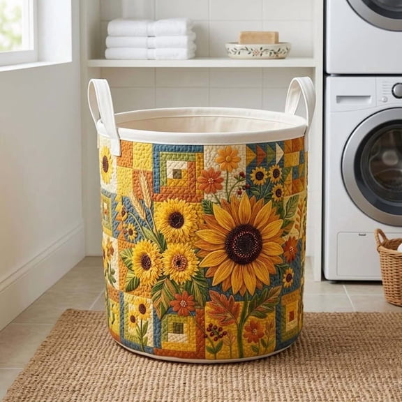 Sunflower Quilted Laundry Basket: Summer Floral Storage Bin, Large Foldable Basket