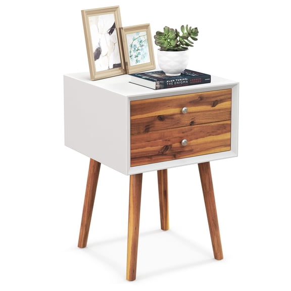 Mid Century Modern Wooden Nightstand with 2 Storage Drawers and Solid Wood Legs, Multipurpose End Side Table for Bedroom & Living Room, White & Walnut