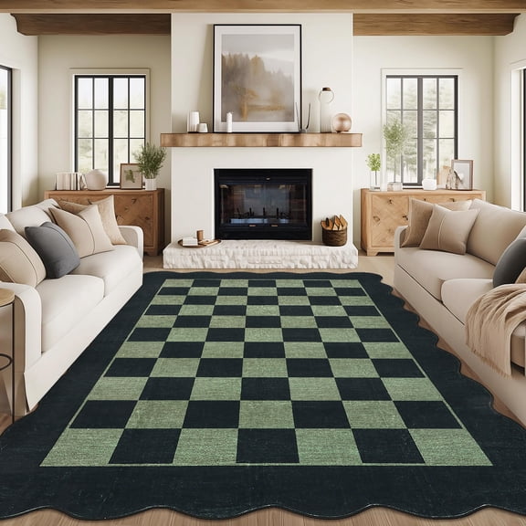 Hasoo Washable Living Room Area Rug 8x10 Large Modern Scalloped Checkered Soft Stain Resistant Indoor Black/Green Carpet