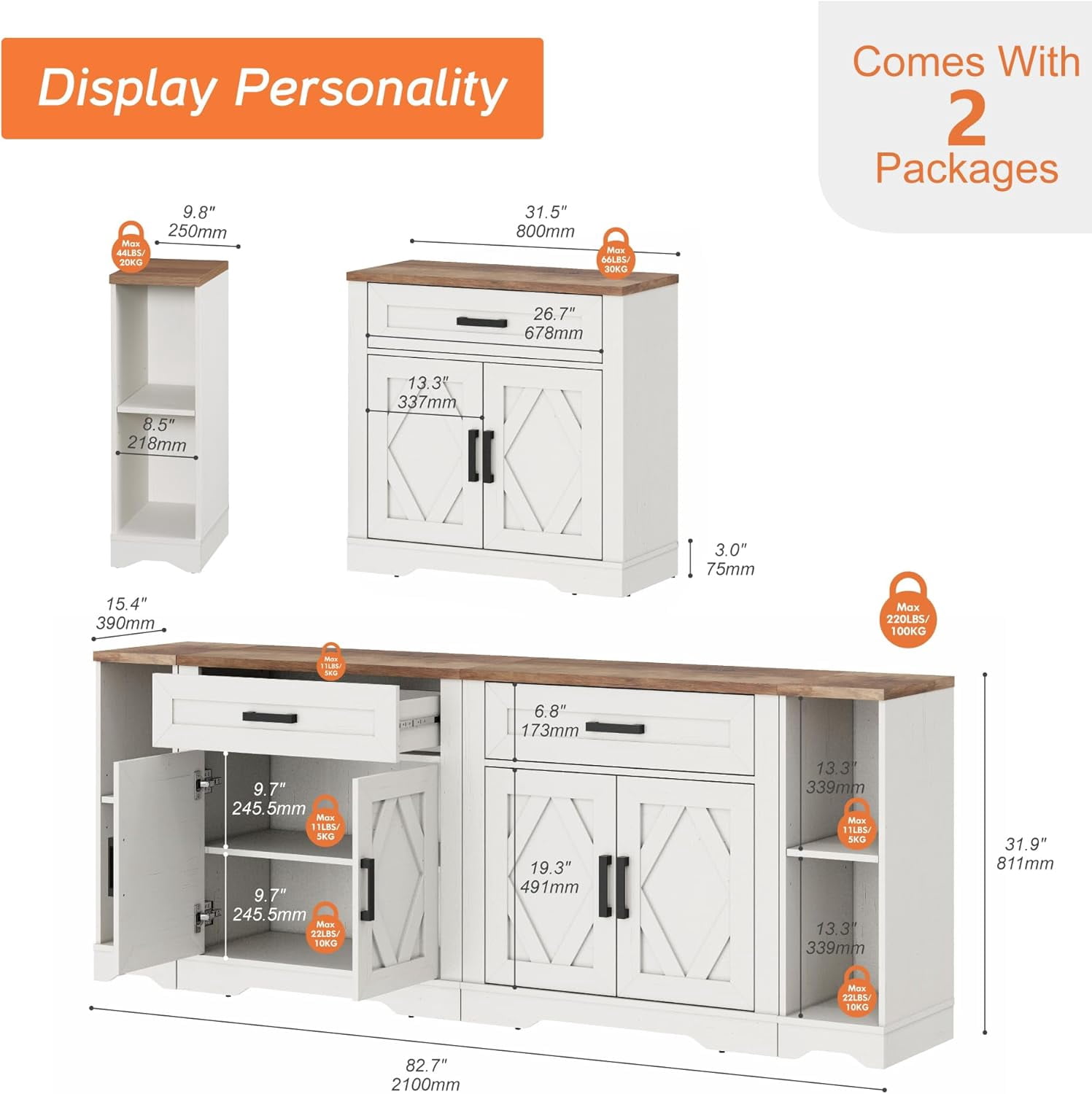 WAMPAT 82.7"W TV Stand for up to 80" TVs,Farmhouse Entertainment Center with Storage Barn Door Cabinet,TV Console Table with Media Cabinet and Drawers for Living Room,Bedroom,Cream White