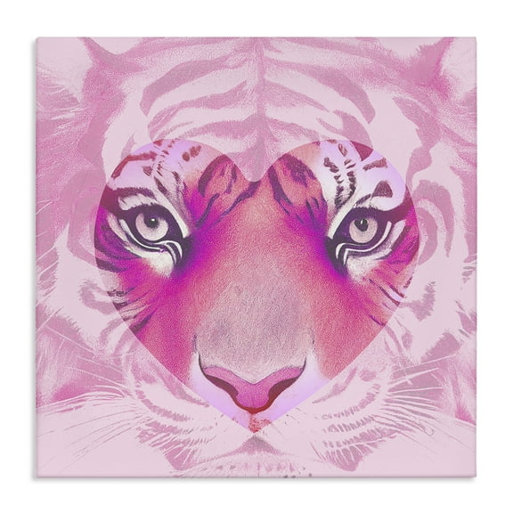 Stupell Industries Pink Heart Tiger Face Animals Painting Wrapped Canvas Art Print Wall Art, 17 x 17