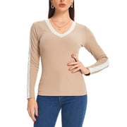 Joyshaper Long Sleeve Ribbed Knit Tops for Women Lace V Neck Splicing Slim Fit Autumn Blouse Beige-shirts M