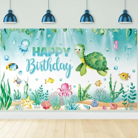 Image of Ocean Animal Happy Birthday Backdrop - Sea Turtle Decorations for Underwater Theme Party Photography - 3.6x6 Feet