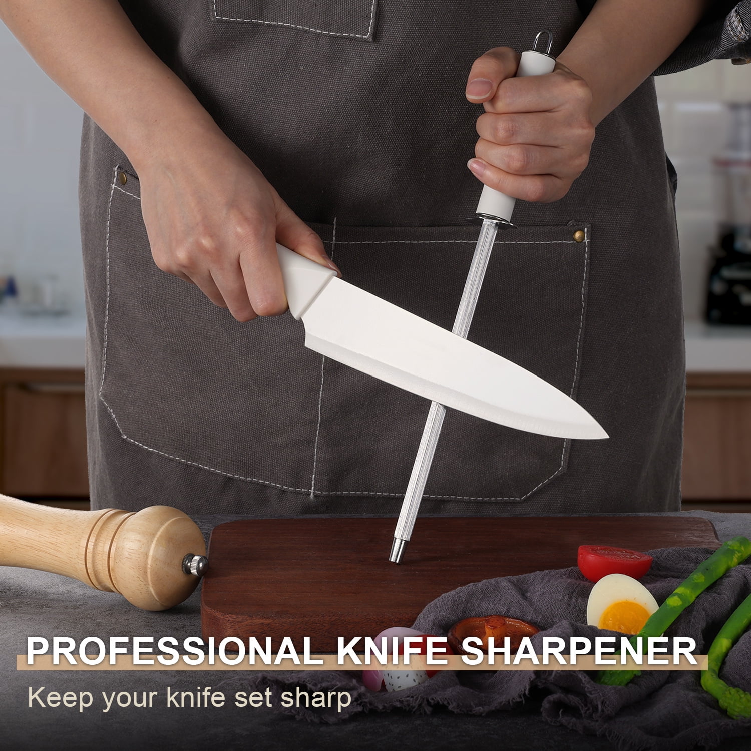 Walchoice 15 Pieces Knife Set with Block, High Carbon Stainless Steel Kitchen Knife Set with Sharpener, Rust Resistant & Dishwasher Safe - White