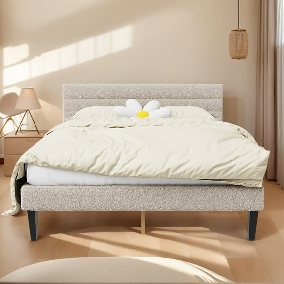 UBesGoo Bed Frame Queen Size Upholstered Platform Bed Frame with Headboard,  Mattress Foundation with Wood Support, Beige