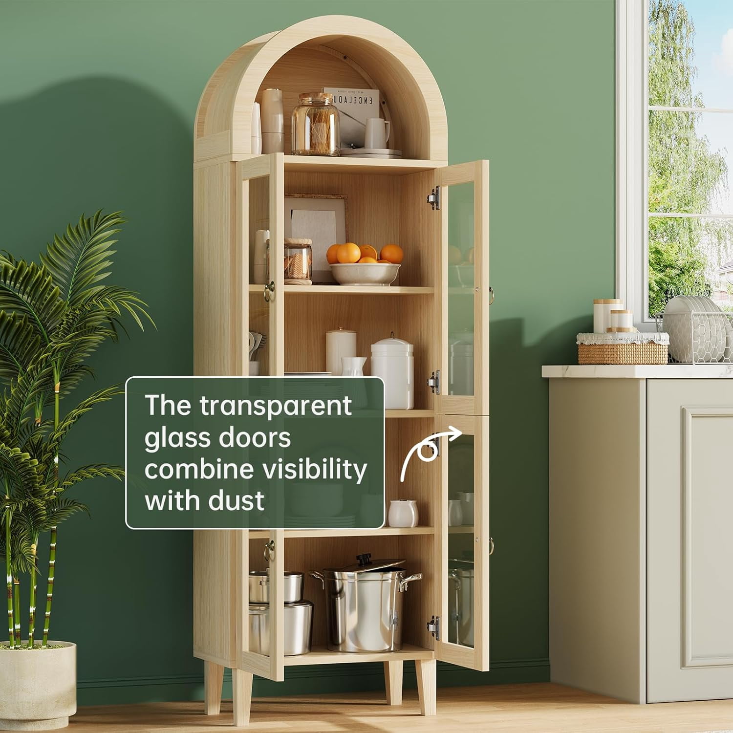 71" Tall Arched Cabinet with Acrylic Glass Door, Modern Curio Arched Bookcase, Display Cabinet Organizer, Kitchen Pantry with Top-Opening Storage Container for Living Dining Room, Natural