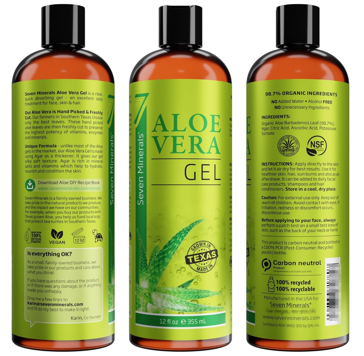 Seven Minerals Organic Aloe Vera Gel with 100% Pure Aloe From Freshly Cut Aloe Plant, Not Powder - No Xanthan, So It Absorbs Rapidly with No Sticky Residue - Big 12 fl oz - image 5 of 5
