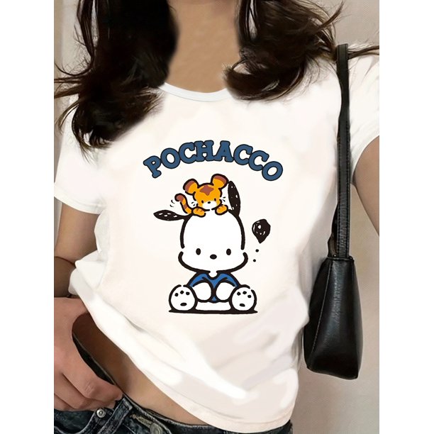 Pochacco Cute Cartoon Graphic Women's T-Shirt - Soft Polyester Blend, Round Neck, Short Sleeve, Playful Dog Design with Hearts & Stars, Perfect for Spring/Summer Casual Wear, Dog Tshirt tee top