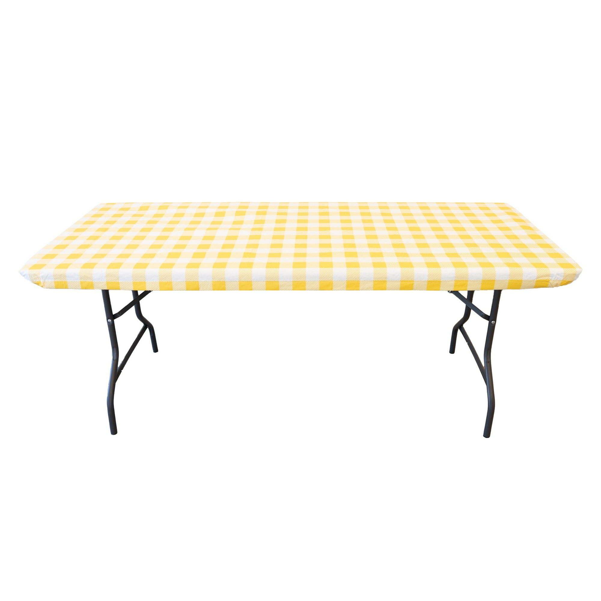 Waverly Inspirations Elastic Fitted Vinyl Table Cover with Flannel Backing for 6 ft Table, 72 in x 30 in, Gingham Yellow, 1 Pack