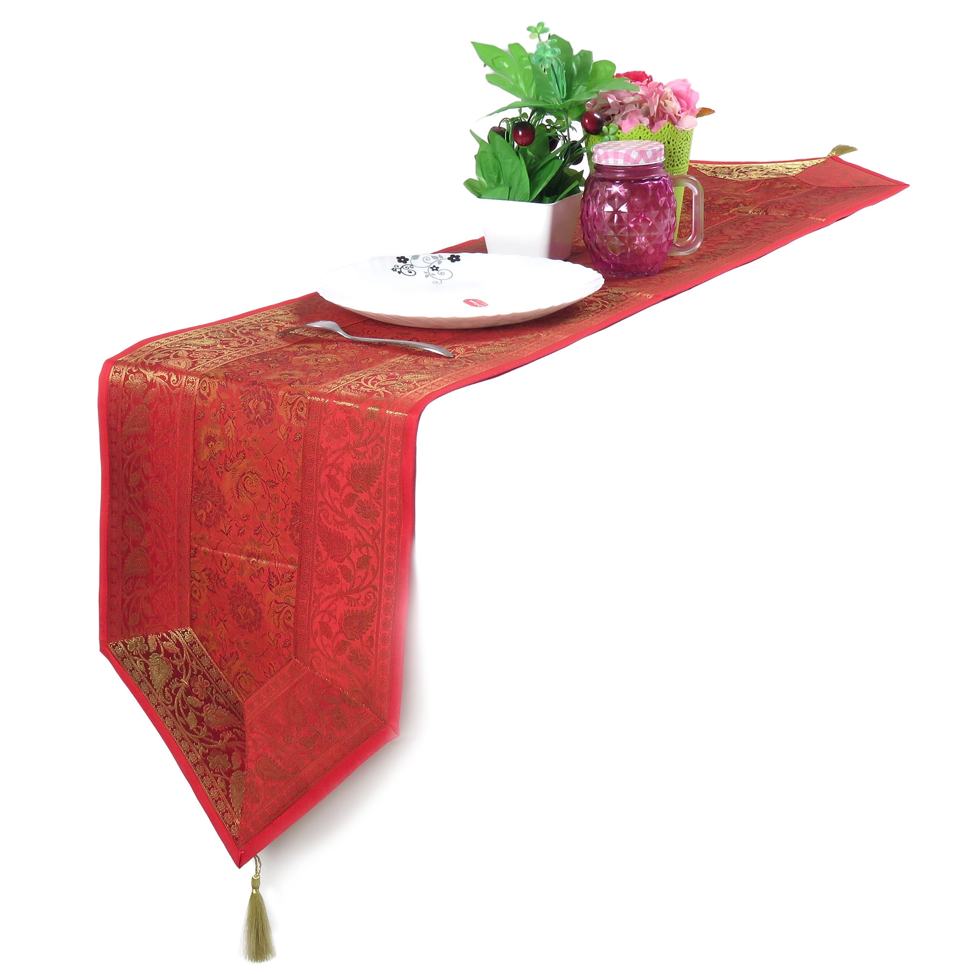 Oussum Table Runner Brocade Silk Kitchen Dining Table Linen Cloth Décor