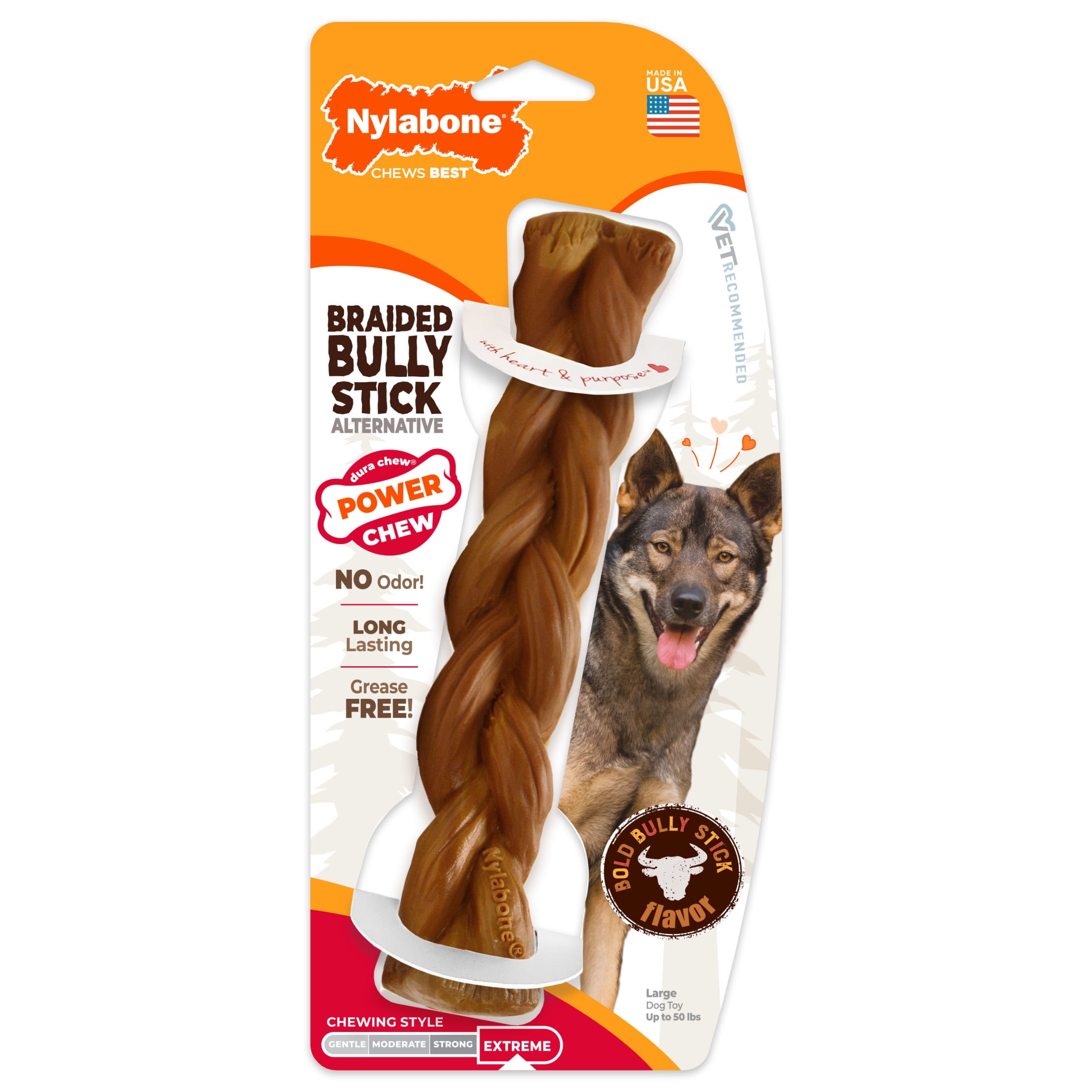 (4 pack) Nylabone Power Chew Braided Bully Stick Alternative Dog Toy, Dog Chew Toy, Bully Stick Flavor, Large, 1 Count