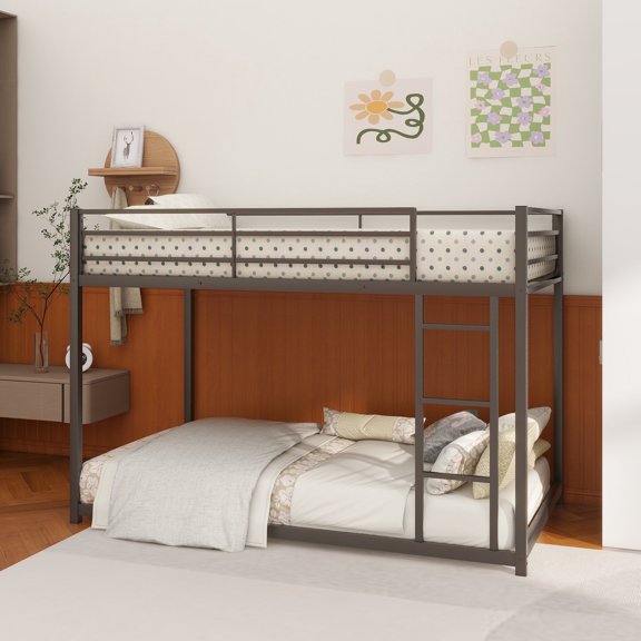 Twin over Twin Metal Bunk Bed, Low Bunk Bed with Ladder, Black