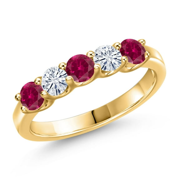 Gem Stone King 18K Yellow Gold Plated Silver Red Created Ruby and White Moissanite Wedding-Bands Ring for Women | 1.07 Cttw | Round 3.5MM | Gemstone July Birthstone | Size 6