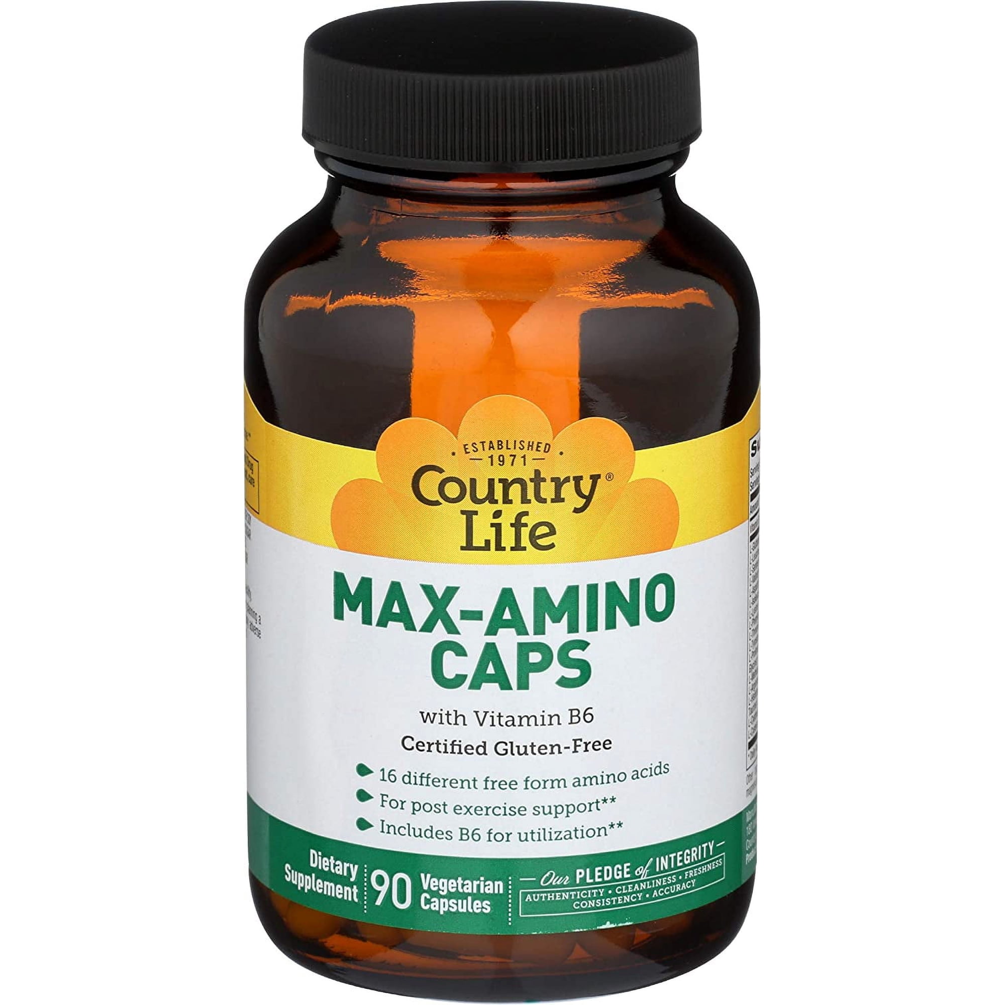 Country Life Max-Amino Caps, 16 Free Form Amino Acids with Vitamin B6, Amino Acid Complex for Post Workout Support, Gluten Free, 90 Capsules