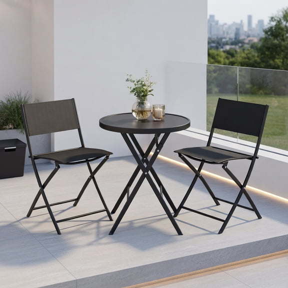 Kadyn 3-Piece Black Outdoor Folding Bistro Set – Tempered Glass Coffee Table 2 Ergonomic Patio Chairs, Space-Saving & Easy-Clean Design