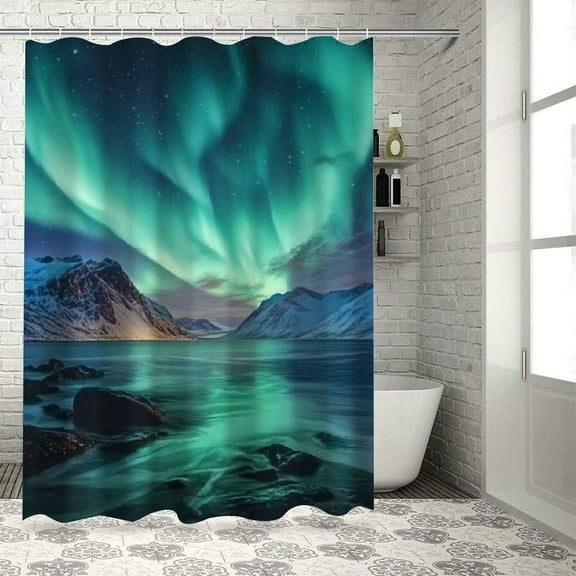 Patifu Aurora Borealis Mountains Water Bathroom Décor Set with Hooks, Graphic Print Polyester Stylish Shower Curtain for Bathroom Decoration 36"x72