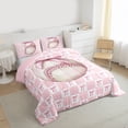thumbnail image 3 of jejeloiu Pink Cartoon Bows Queen Comforter Set,Modern Geometric Checkered Bedding Comforter Set For Girls Teens Reversible 3pcs, 3 of 8